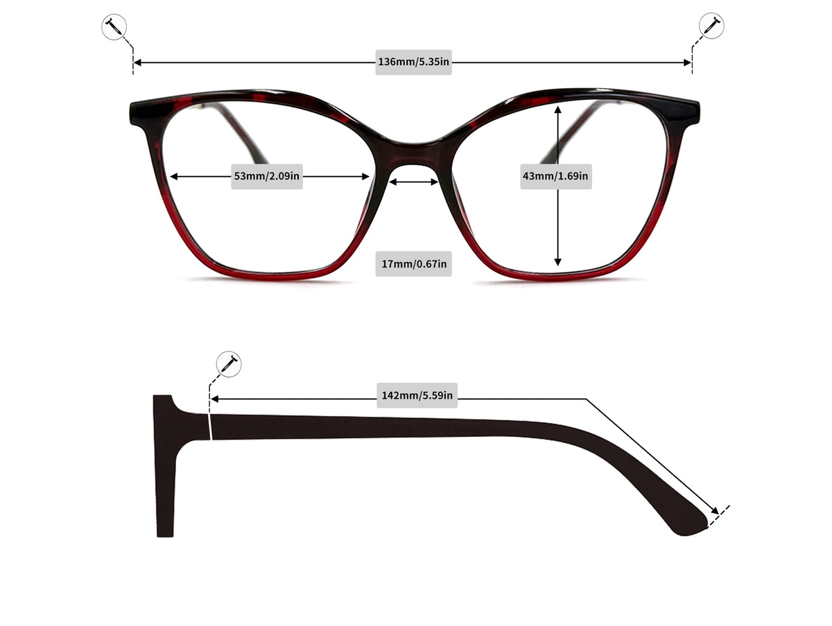 Cat Eye Ultem & Metal Eyeglasses - 3604 frame measurements