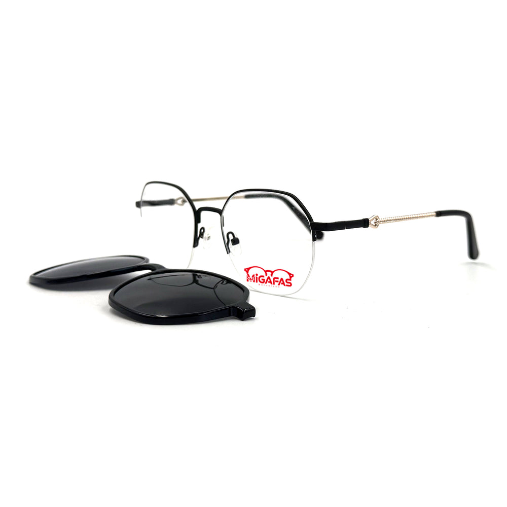 MiGAFAS XK4767C Black metal geometric half-rim clip-on eyeglasses with detached sun clips