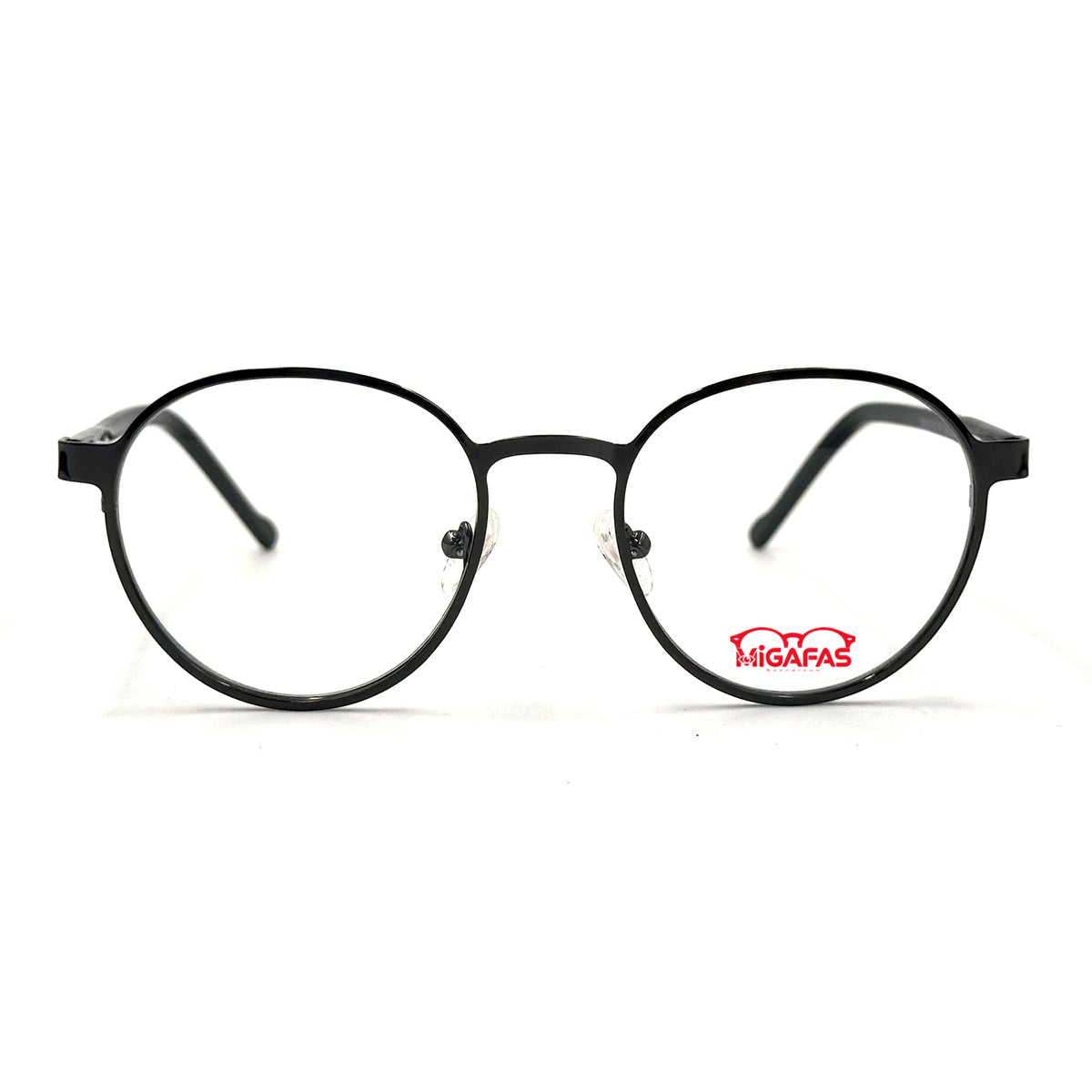MiGAFAS B9141 Black round stainless steel prescription eyeglasses, front view