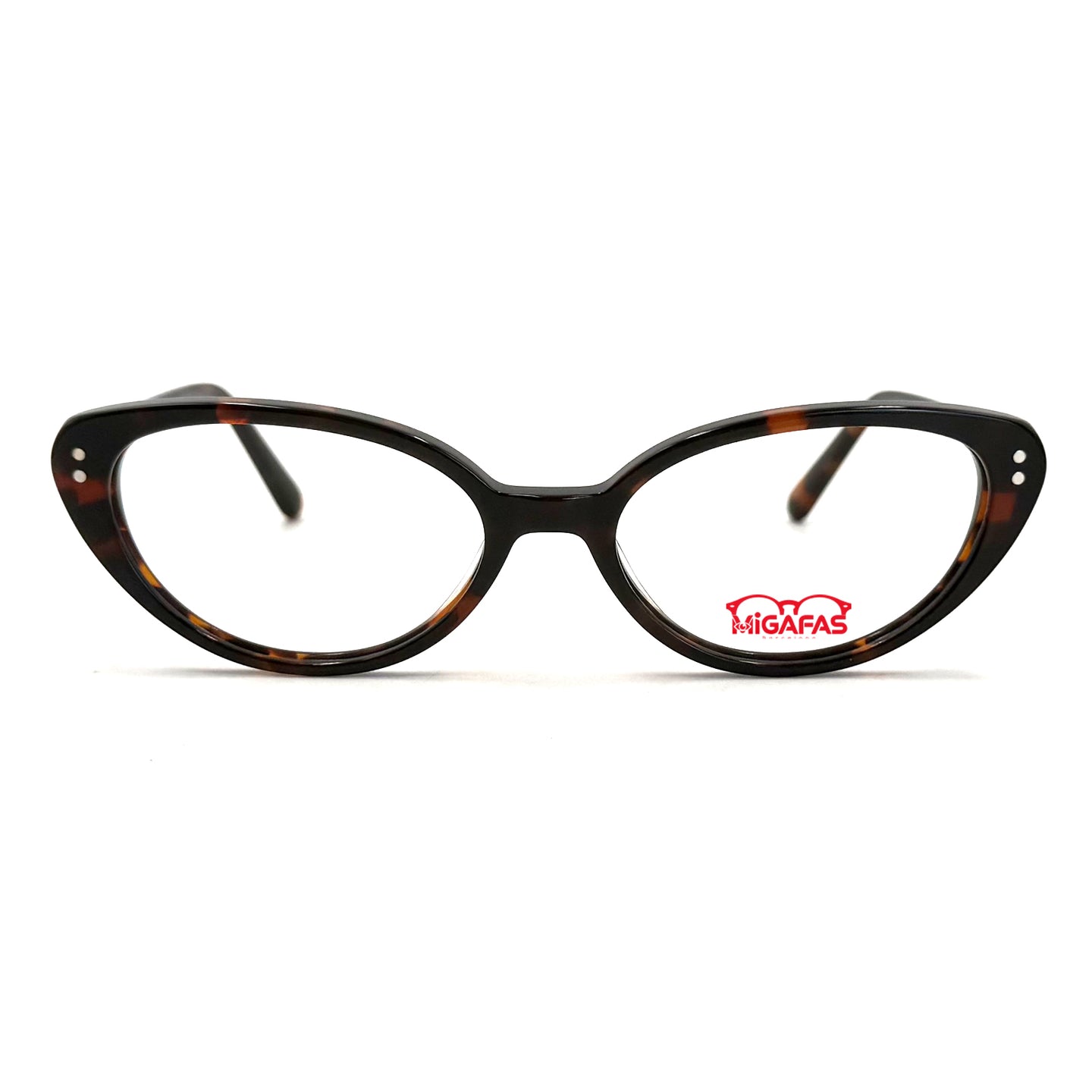 MiGAFAS F6000 Havana cat-eye acetate prescription eyeglasses, three-quarter view