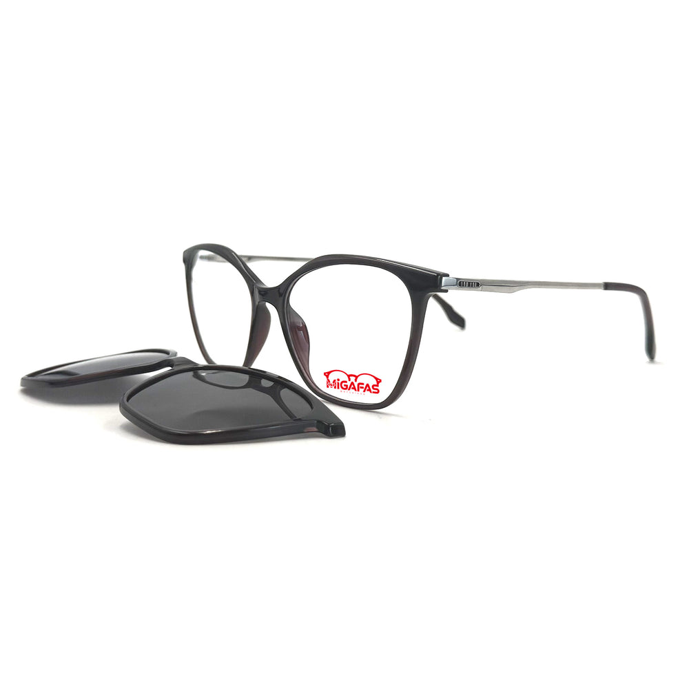 MiGAFAS 3604C Black Ultem and metal butterfly cat-eye clip-on eyeglasses with detached sun clips