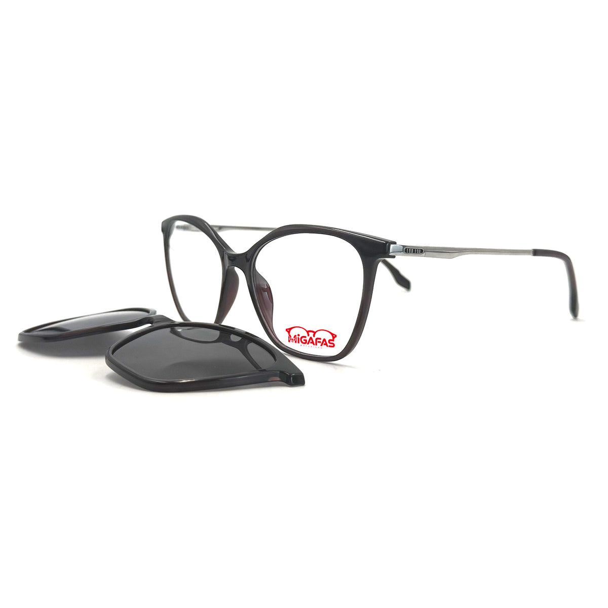 MiGAFAS 3604C Black Ultem and metal butterfly cat-eye clip-on eyeglasses with detached sun clips