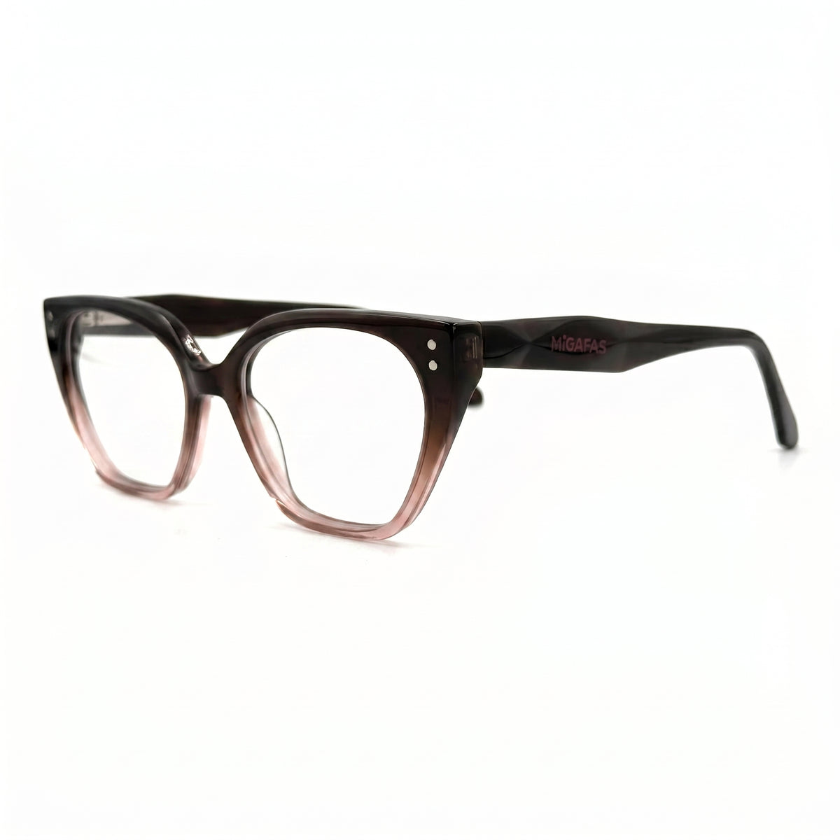 MiGAFAS F0104 Brown cat-eye acetate prescription eyeglasses, three-quarter view