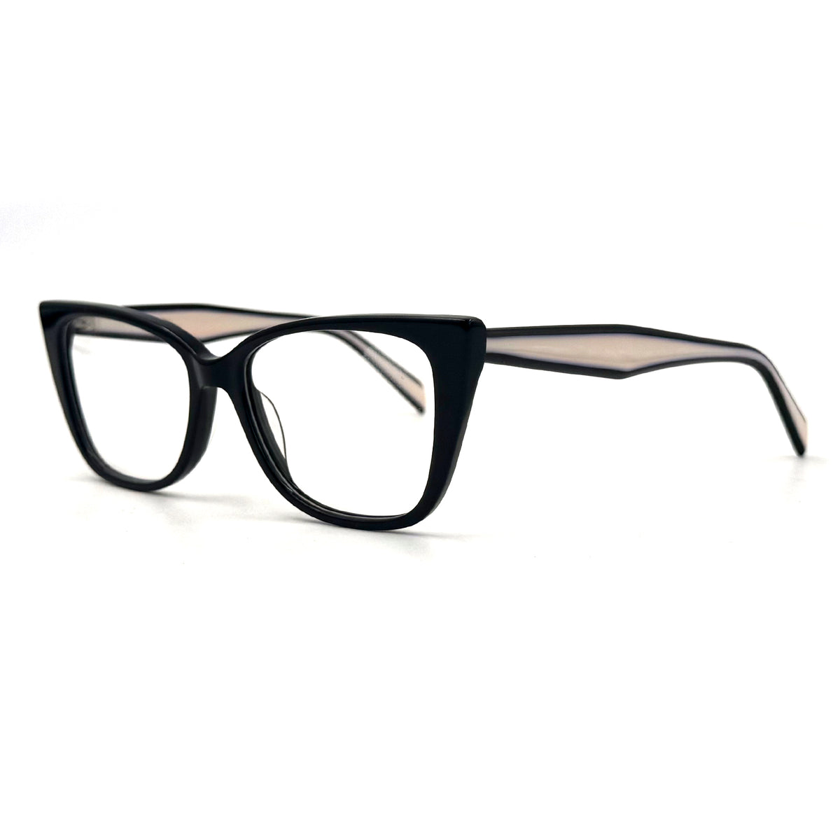 MiGAFAS BR6614 Black cat-eye acetate prescription eyeglasses, three-quarter view