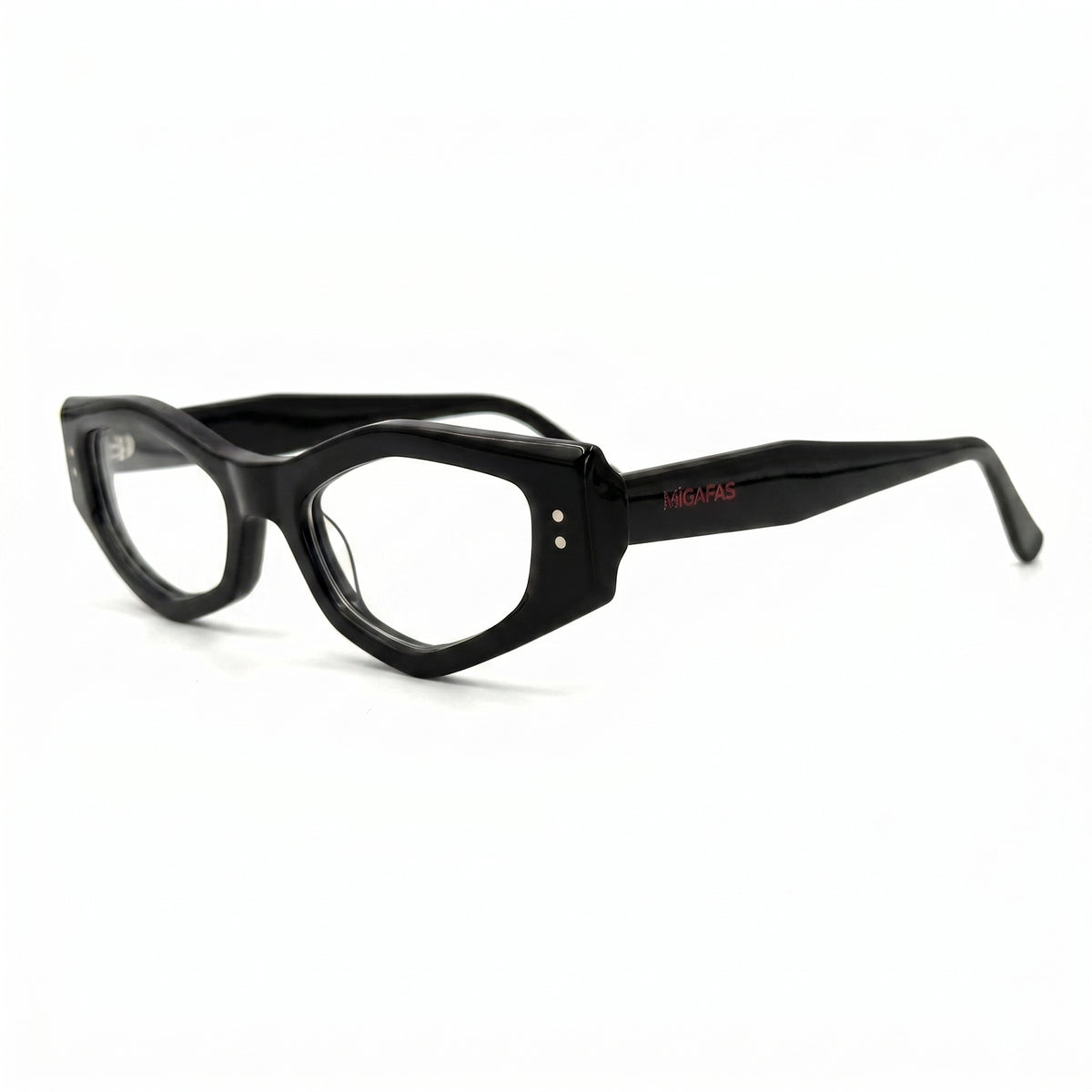 MiGAFAS F0187 Black cat-eye acetate prescription eyeglasses, three-quarter view