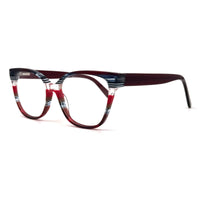 MiGAFAS EO3247 Red cat-eye acetate prescription eyeglasses, three-quarter view