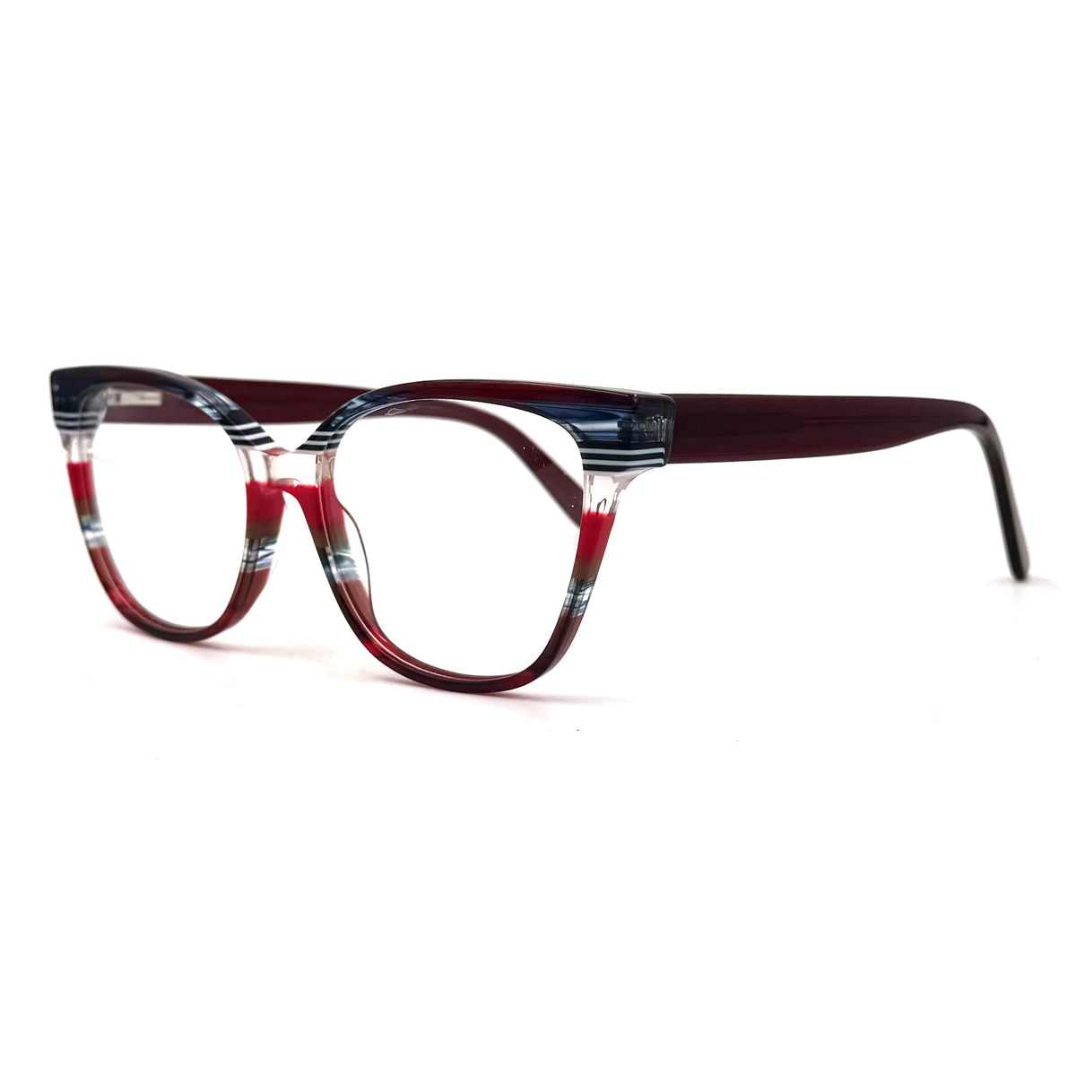MiGAFAS EO3247 Red cat-eye acetate prescription eyeglasses, three-quarter view