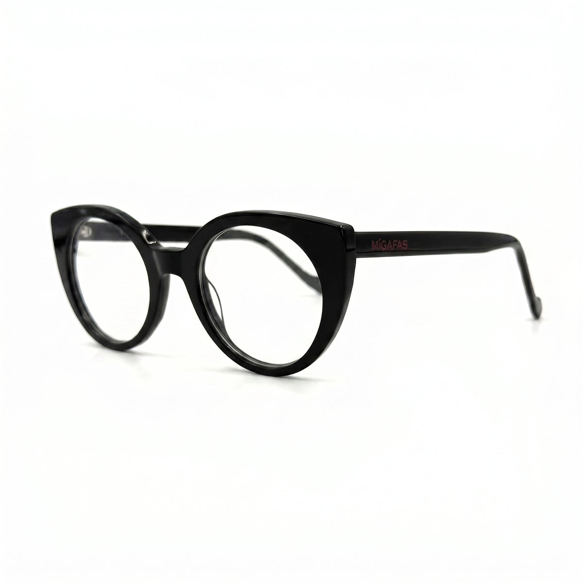 MiGAFAS FR6136 Black cat-eye acetate prescription eyeglasses, three-quarter view