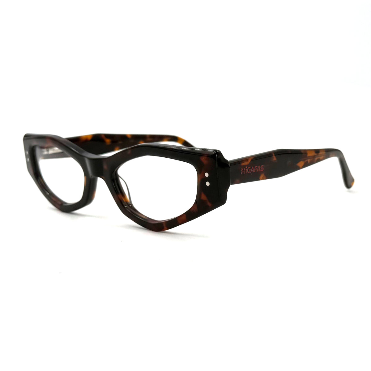 MiGAFAS F0187 Havana cat-eye acetate prescription eyeglasses, three-quarter view