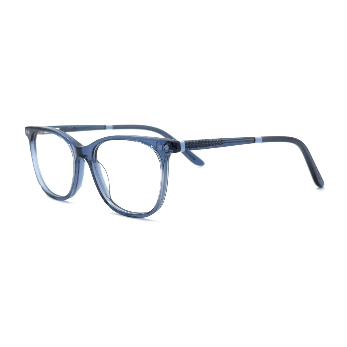 MiGAFAS C0001 Blue cat-eye acetate prescription eyeglasses, three-quarter view