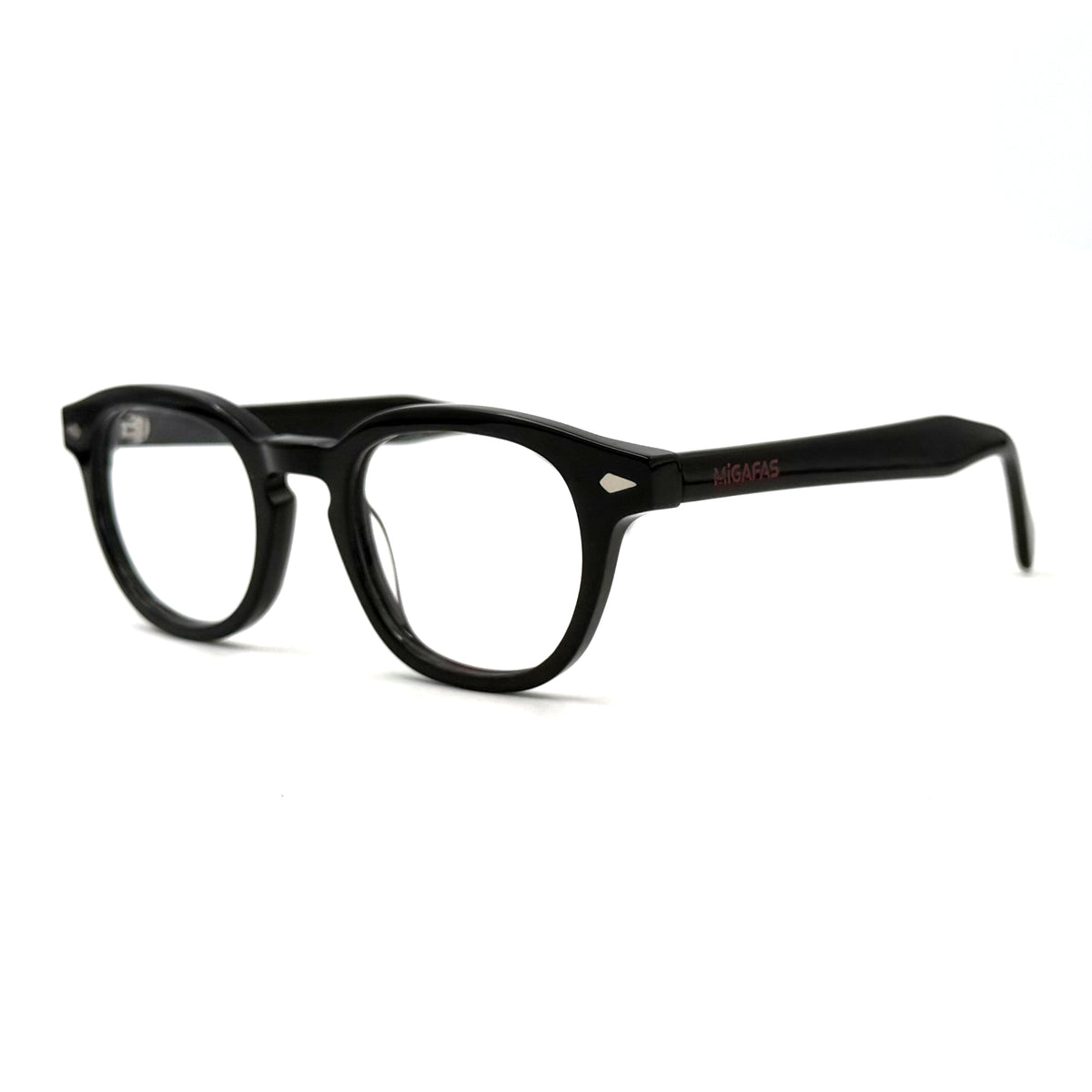 MiGAFAS F6042 Black round acetate prescription eyeglasses, three-quarter view