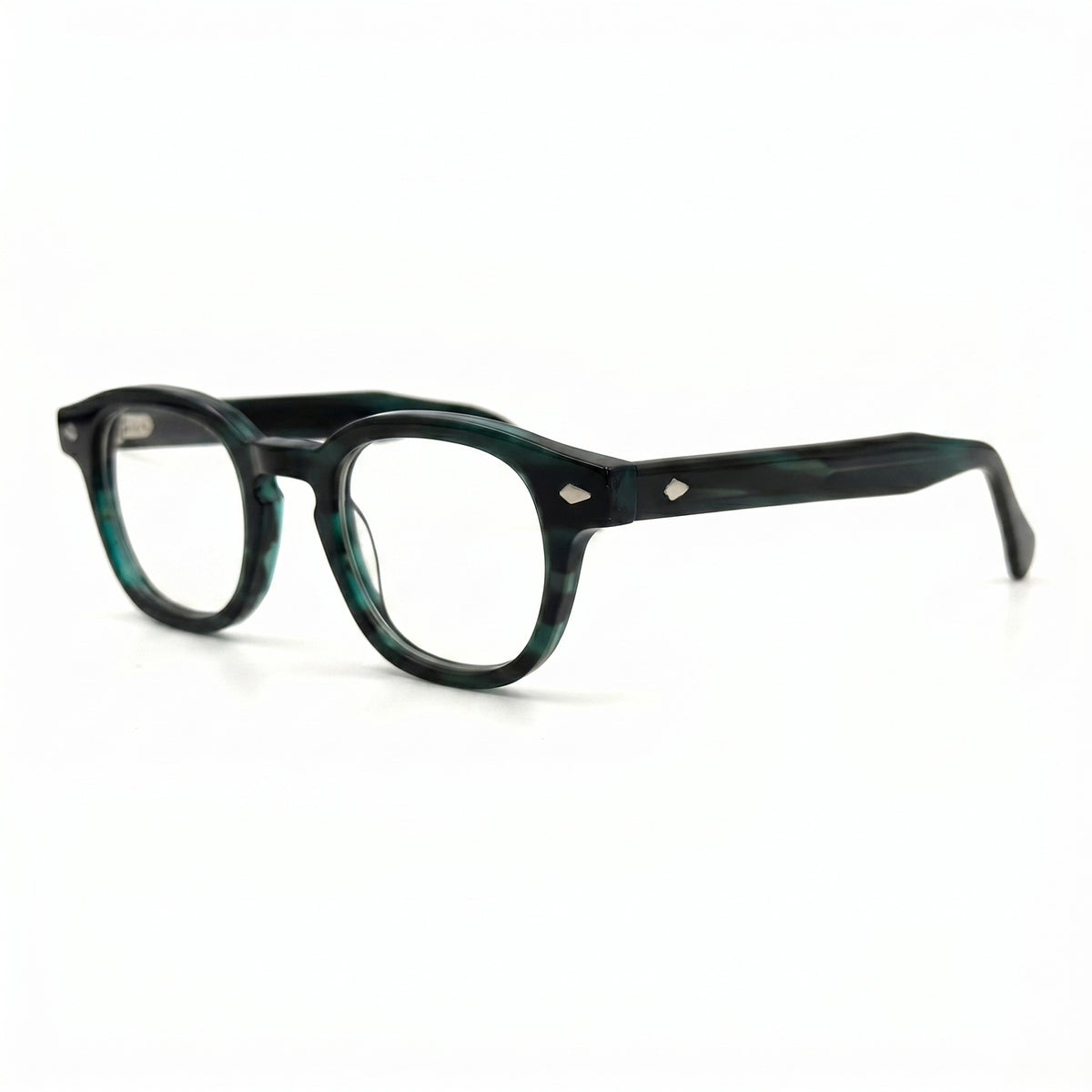 MiGAFAS F6676 Green Havana Boston acetate prescription eyeglasses, three-quarter view
