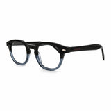 MiGAFAS F6042 Blue round acetate prescription eyeglasses, three-quarter view