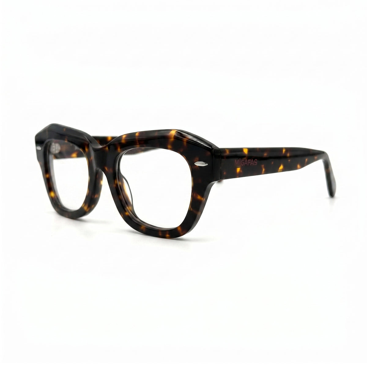 MiGAFAS FR6912 Havana geometric butterfly acetate prescription eyeglasses, three-quarter view
