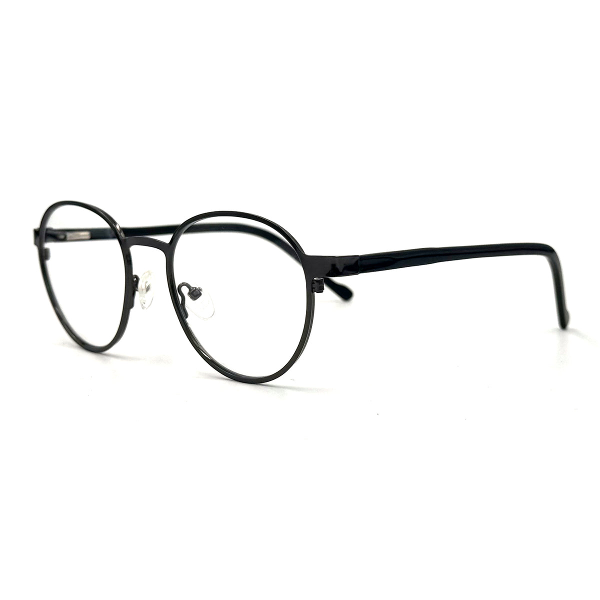 MiGAFAS B9141 Black round stainless steel prescription eyeglasses, three-quarter view