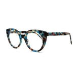 MiGAFAS FR6136 Blue Havana cat-eye acetate prescription eyeglasses, three-quarter view