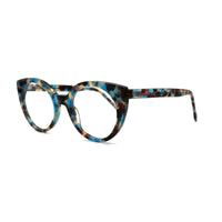MiGAFAS FR6136 Blue Havana cat-eye acetate prescription eyeglasses, three-quarter view