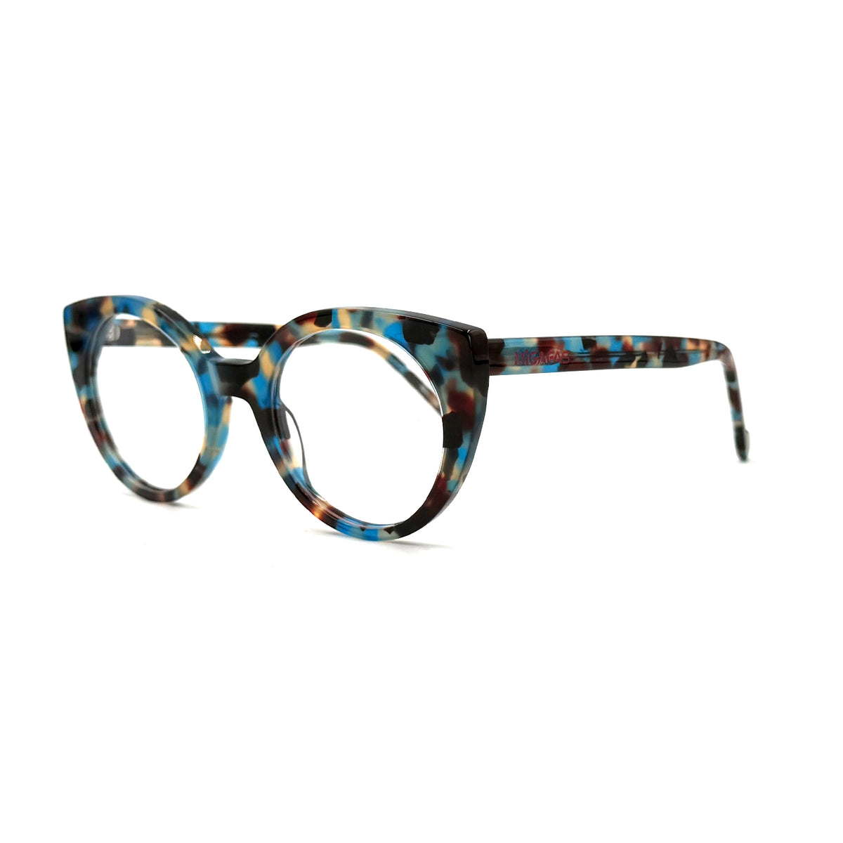 MiGAFAS FR6136 Blue Havana cat-eye acetate prescription eyeglasses, three-quarter view