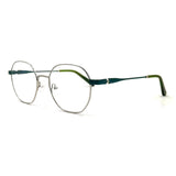 MiGAFAS XK4766 Teal Green Metal geometric round eyeglasses three-quarter view