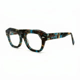 MiGAFAS FR6912 Blue Havana geometric butterfly acetate prescription eyeglasses, three-quarter view