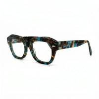 MiGAFAS FR6912 Blue Havana geometric butterfly acetate prescription eyeglasses, three-quarter view