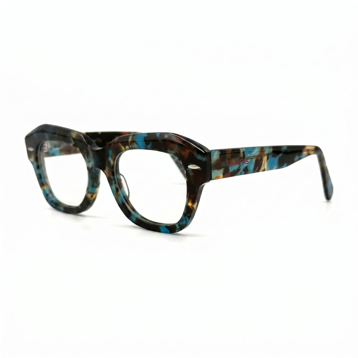 MiGAFAS FR6912 Blue Havana geometric butterfly acetate prescription eyeglasses, three-quarter view