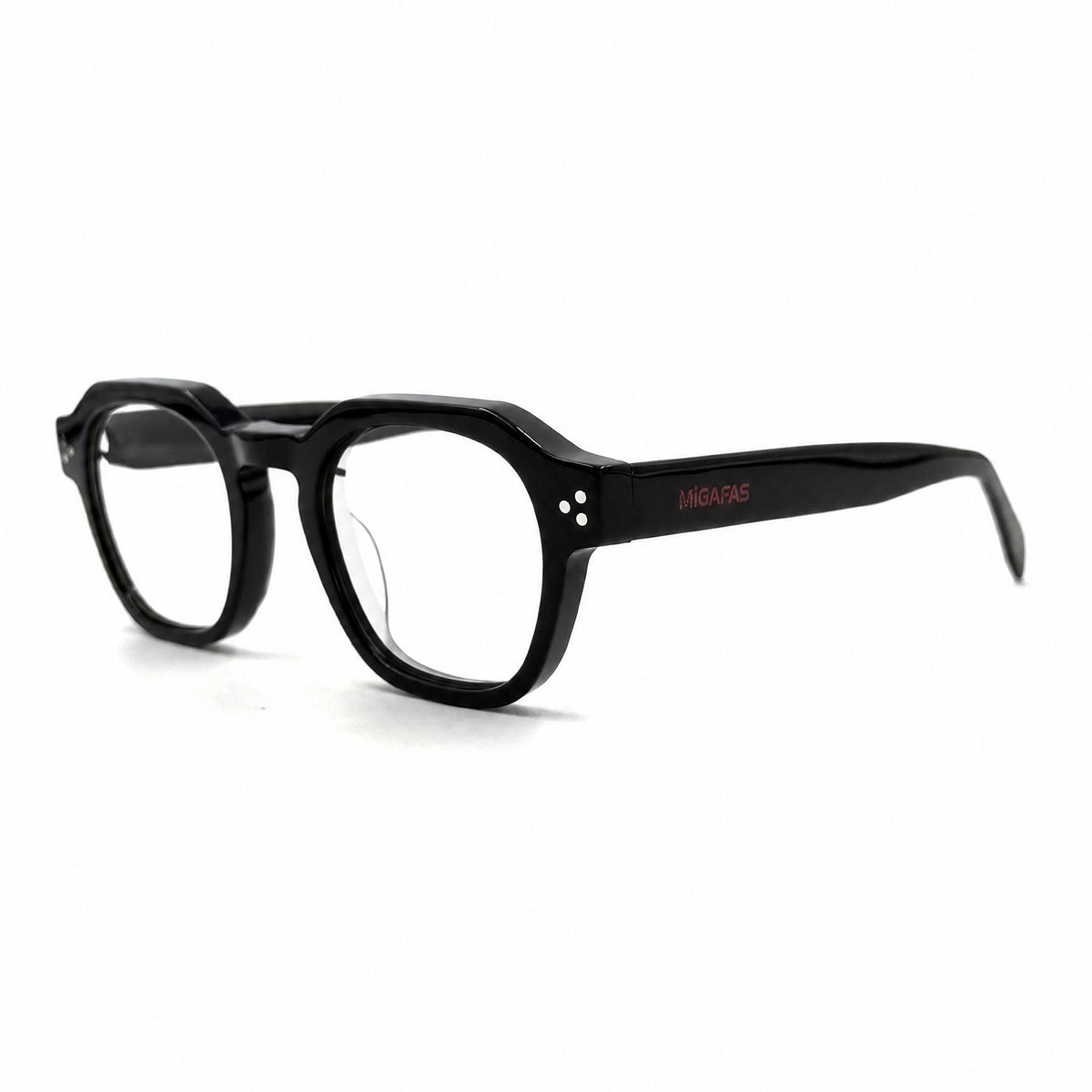 MiGAFAS FR6965 Black crown acetate prescription eyeglasses, three-quarter view