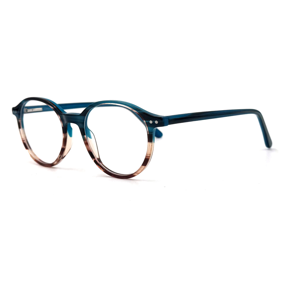 MiGAFAS EG3316 Blue Havana Boston acetate prescription eyeglasses, three-quarter view