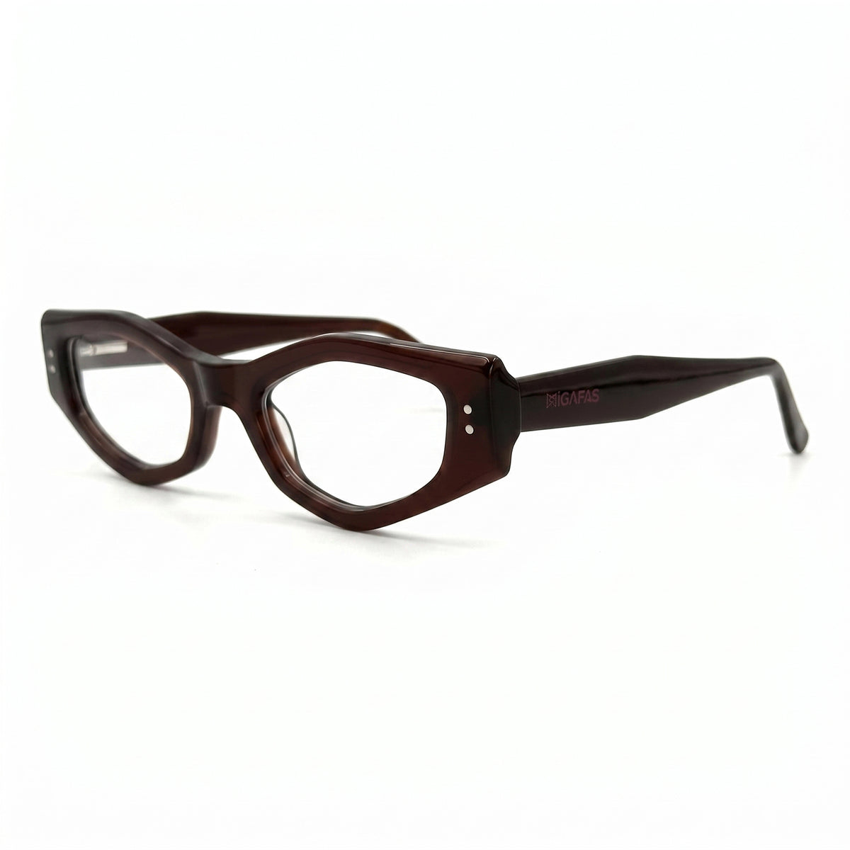 MiGAFAS F0187 Brown cat-eye acetate prescription eyeglasses, three-quarter view