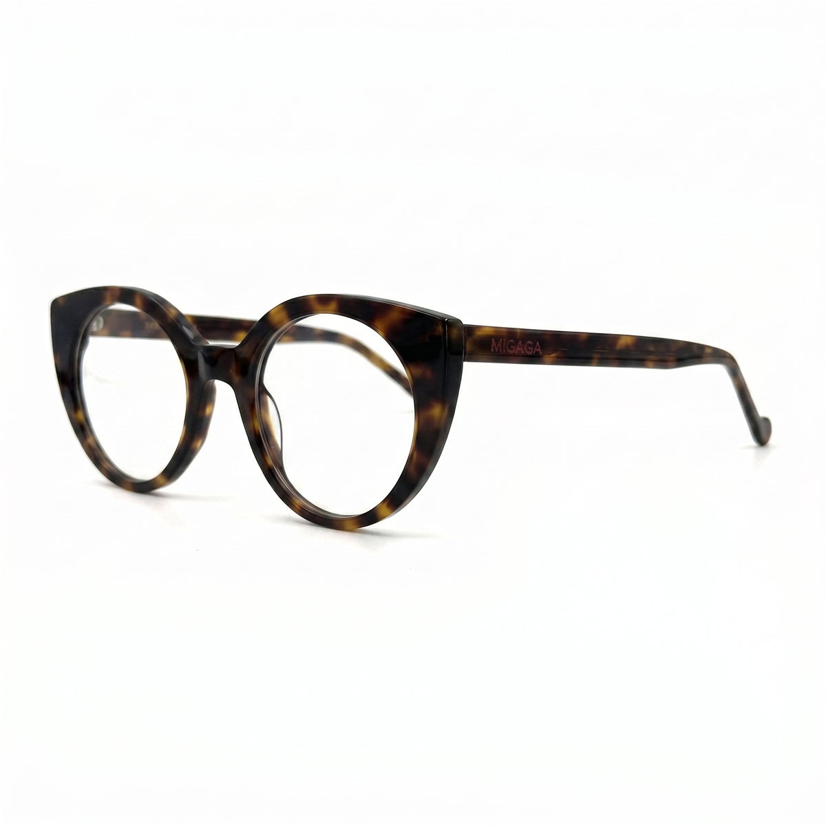 MiGAFAS FR6136 Havana cat-eye acetate prescription eyeglasses, three-quarter view
