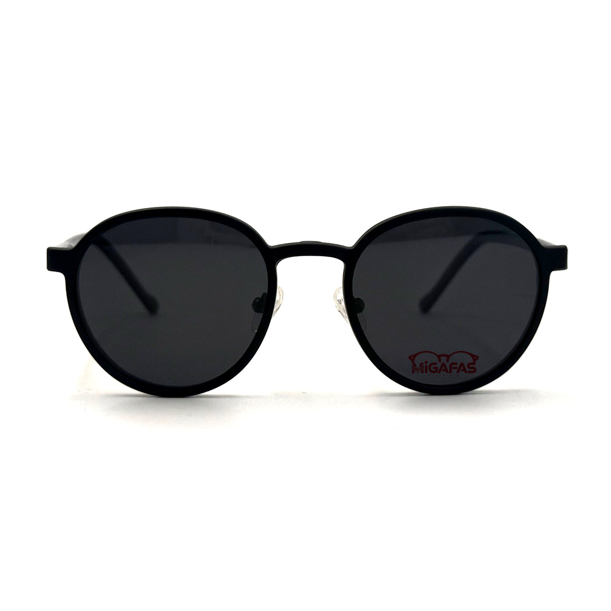 MiGAFAS B9141C Black round stainless steel sunglasses, front view