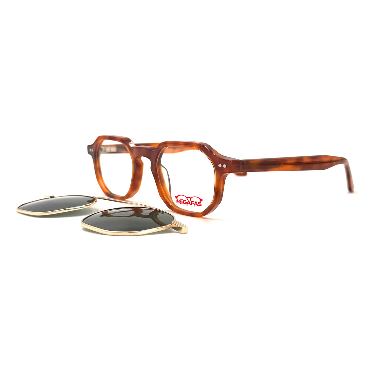 MiGAFAS F6879C Havana acetate eyeglasses with detached magnetic clip-on sun lens
