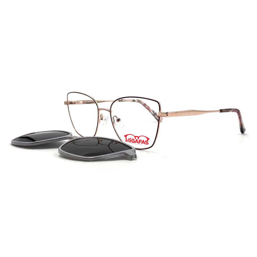 MiGAFAS XK4719C Rose Gold metal butterfly cat-eye clip-on eyeglasses with detached sun clips