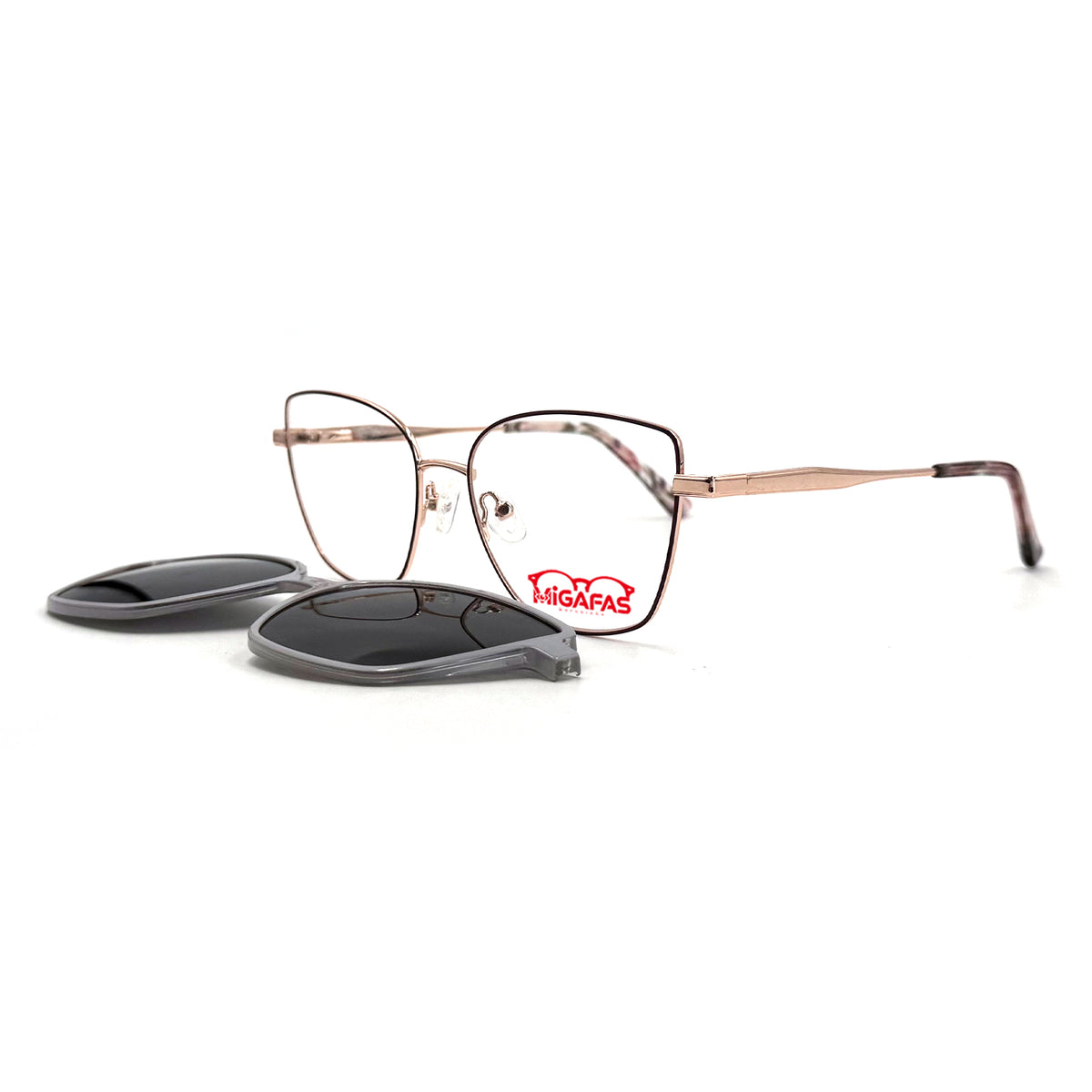 MiGAFAS XK4719C Rose Gold metal butterfly cat-eye clip-on eyeglasses with detached sun clips