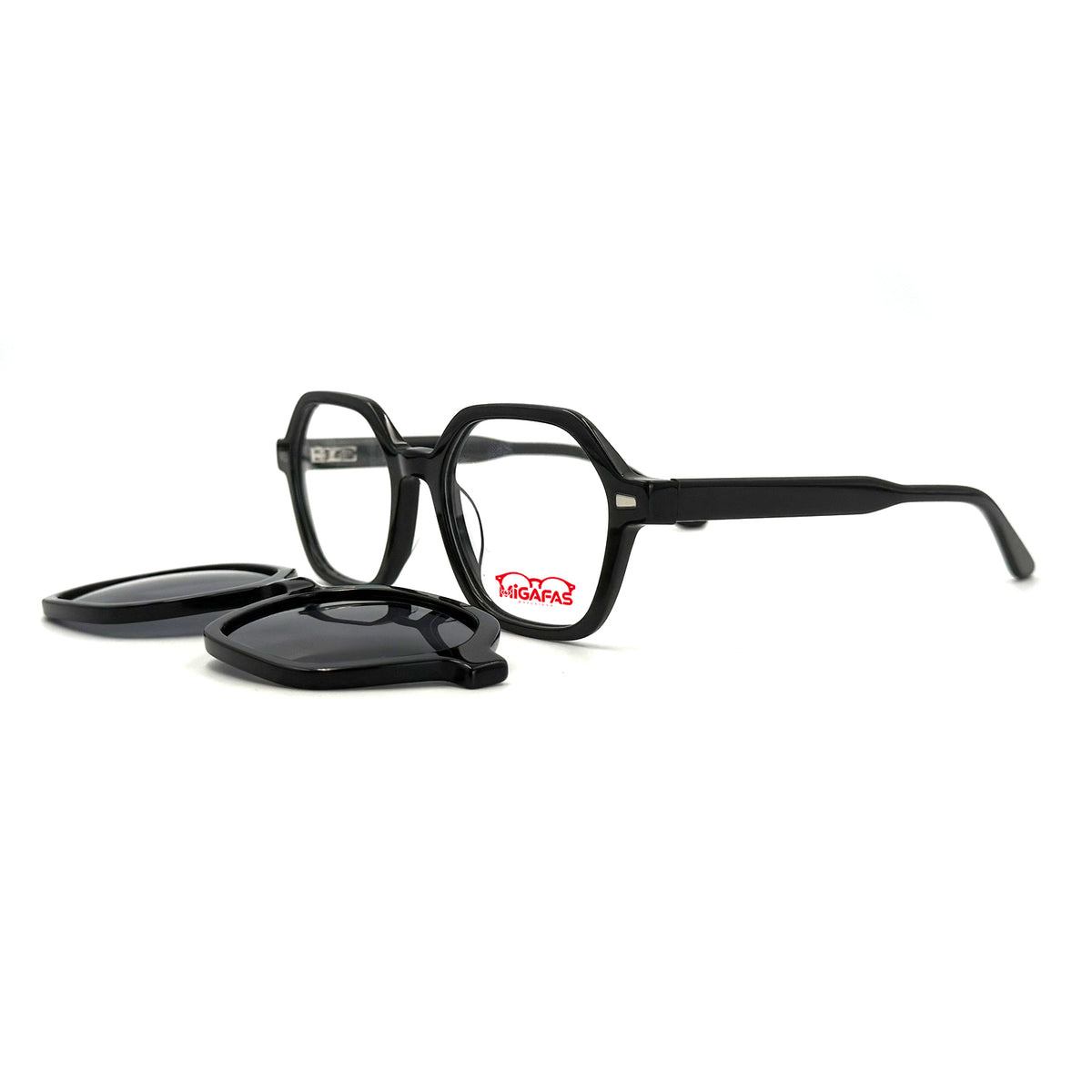 MiGAFAS F6833C Black acetate Geometric clip-on eyeglasses with detached sun clips