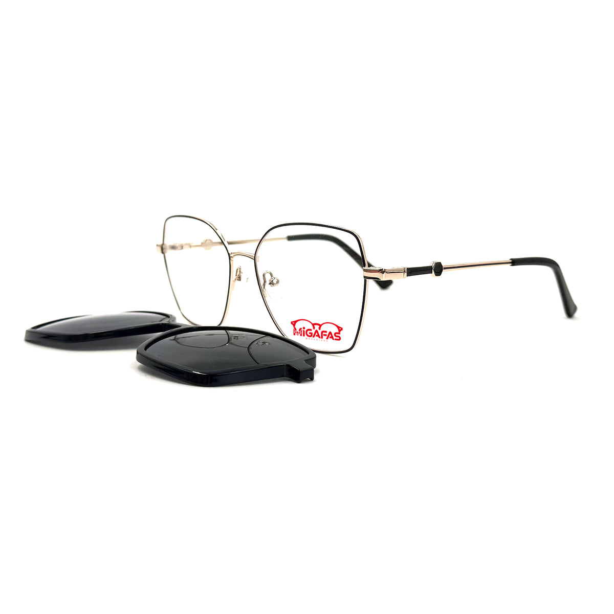 MiGAFAS XK4712C Black TR90 geometric butterfly clip-on eyeglasses with detached sun clips