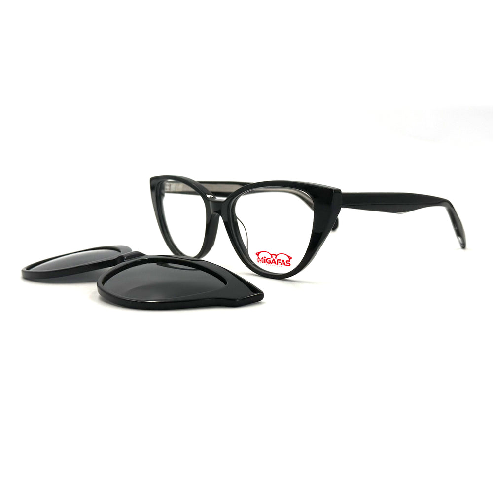 MiGAFAS F6815C Black acetate cat-eye clip-on eyeglasses with detached sun clips