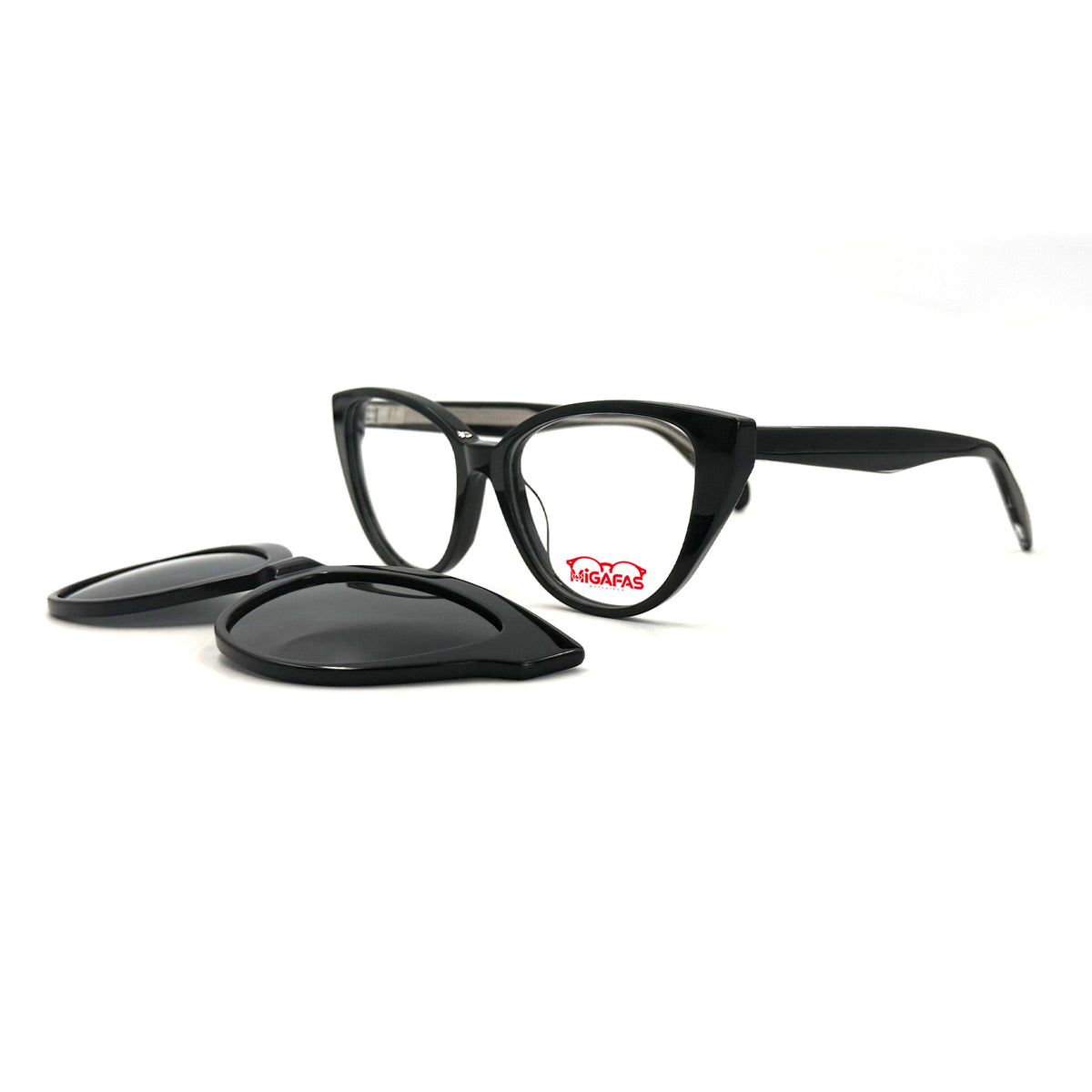 MiGAFAS F6815C Black acetate cat-eye clip-on eyeglasses with detached sun clips