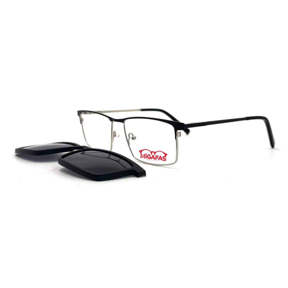 MiGAFAS XK4764C Black stainless steel browline clip-on eyeglasses with detached sun clips