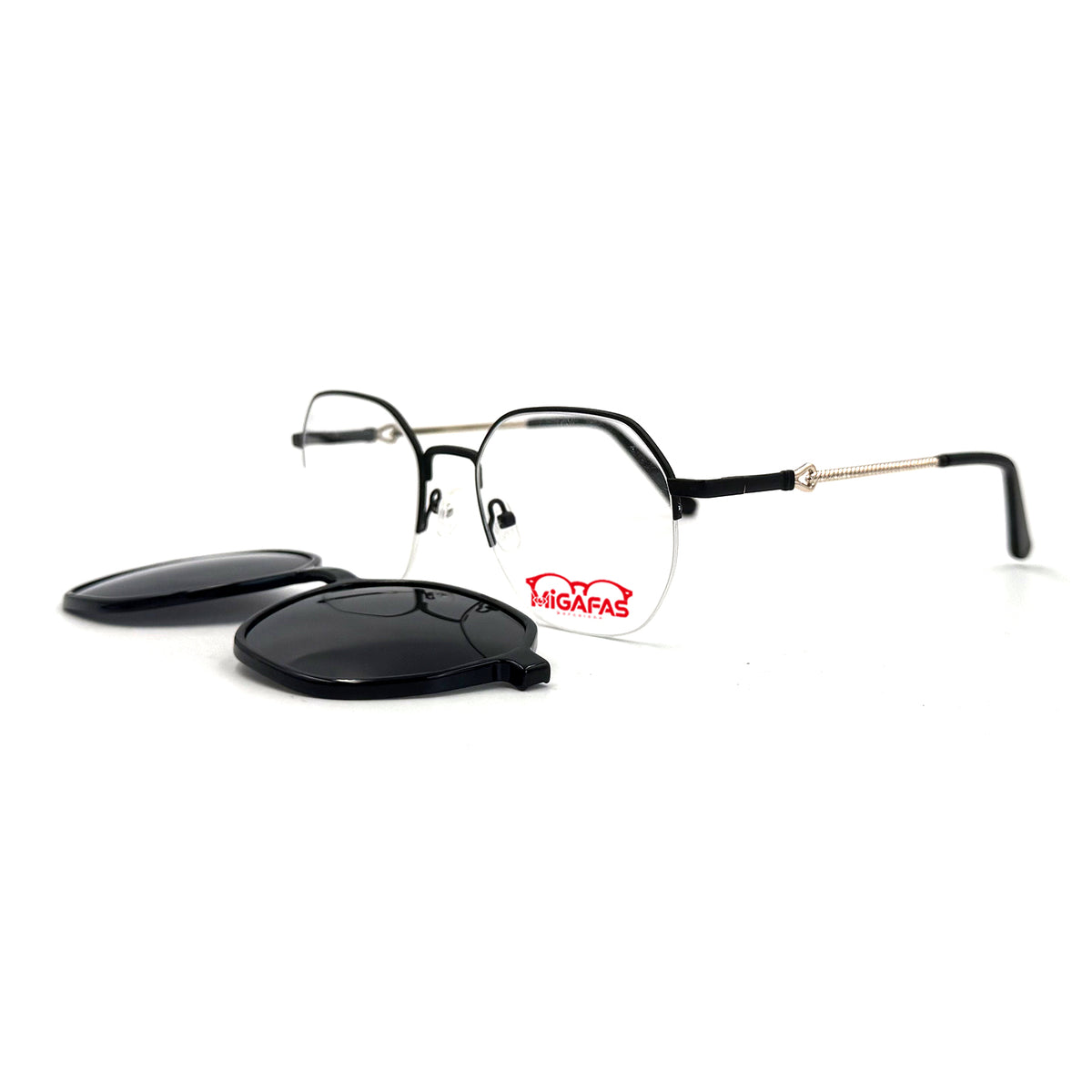 MiGAFAS XK4767C Black metal geometric half-rim clip-on eyeglasses with detached sun clips