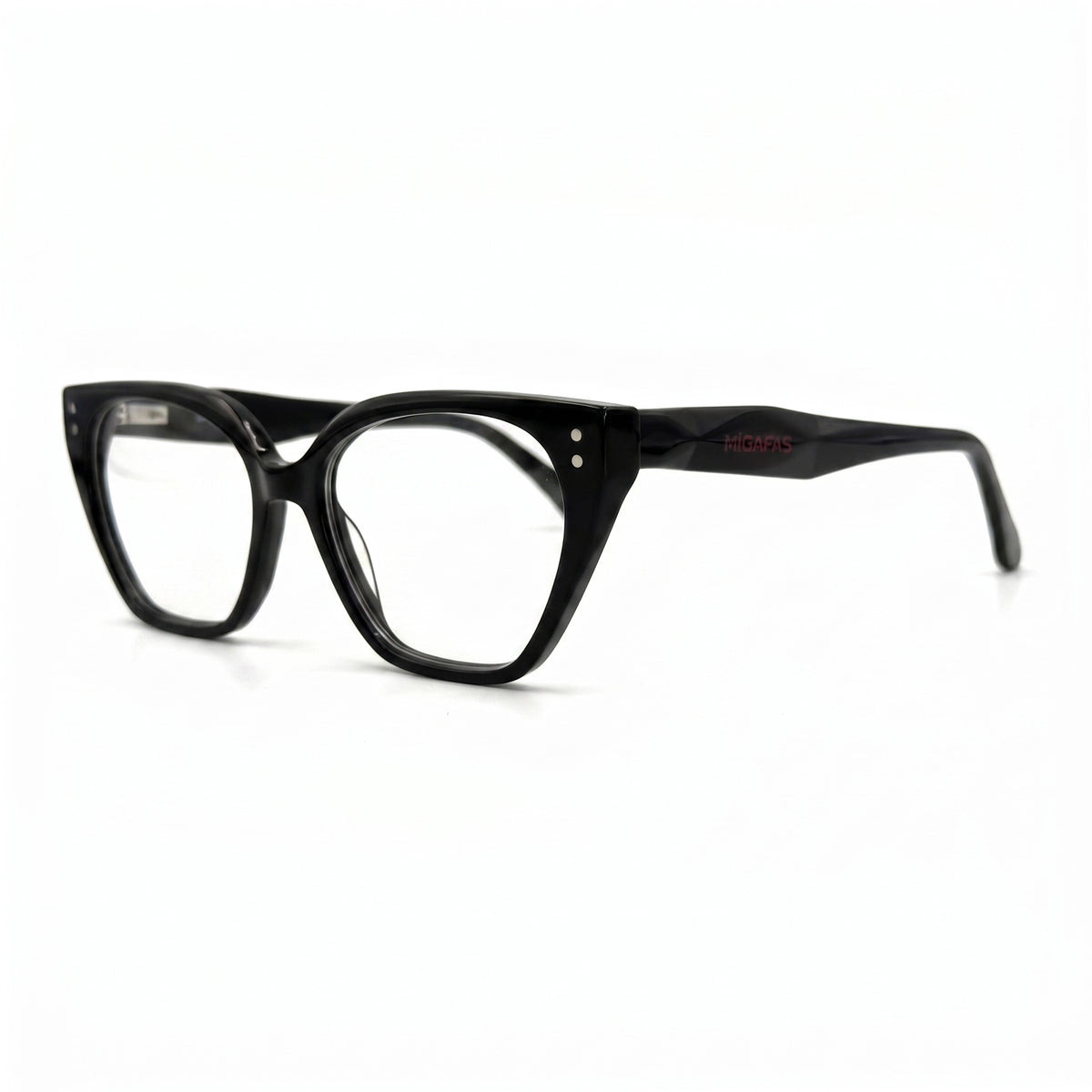 MiGAFAS F0104 Black cat-eye acetate prescription eyeglasses, three-quarter view