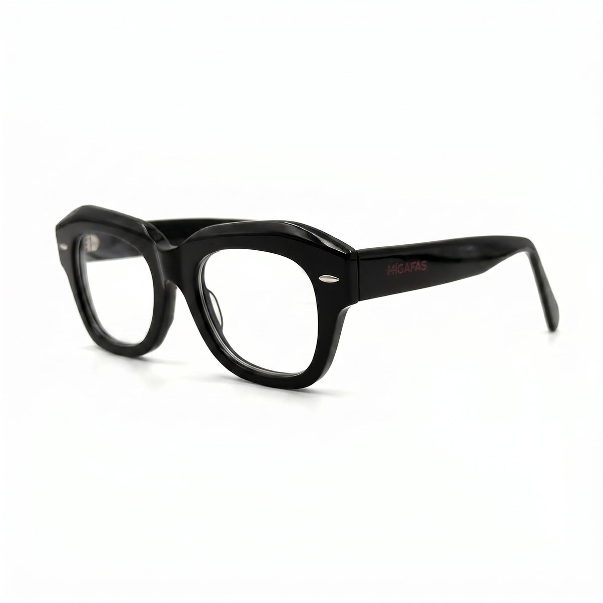 MiGAFAS FR6912 Black geometric butterfly acetate prescription eyeglasses, three-quarter view