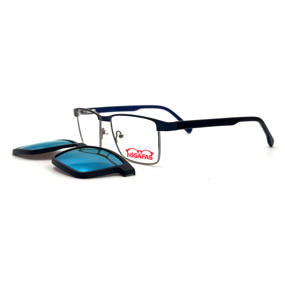 MiGAFAS XK4737C Navy stainless steel browline clip-on eyeglasses with detached sun clips