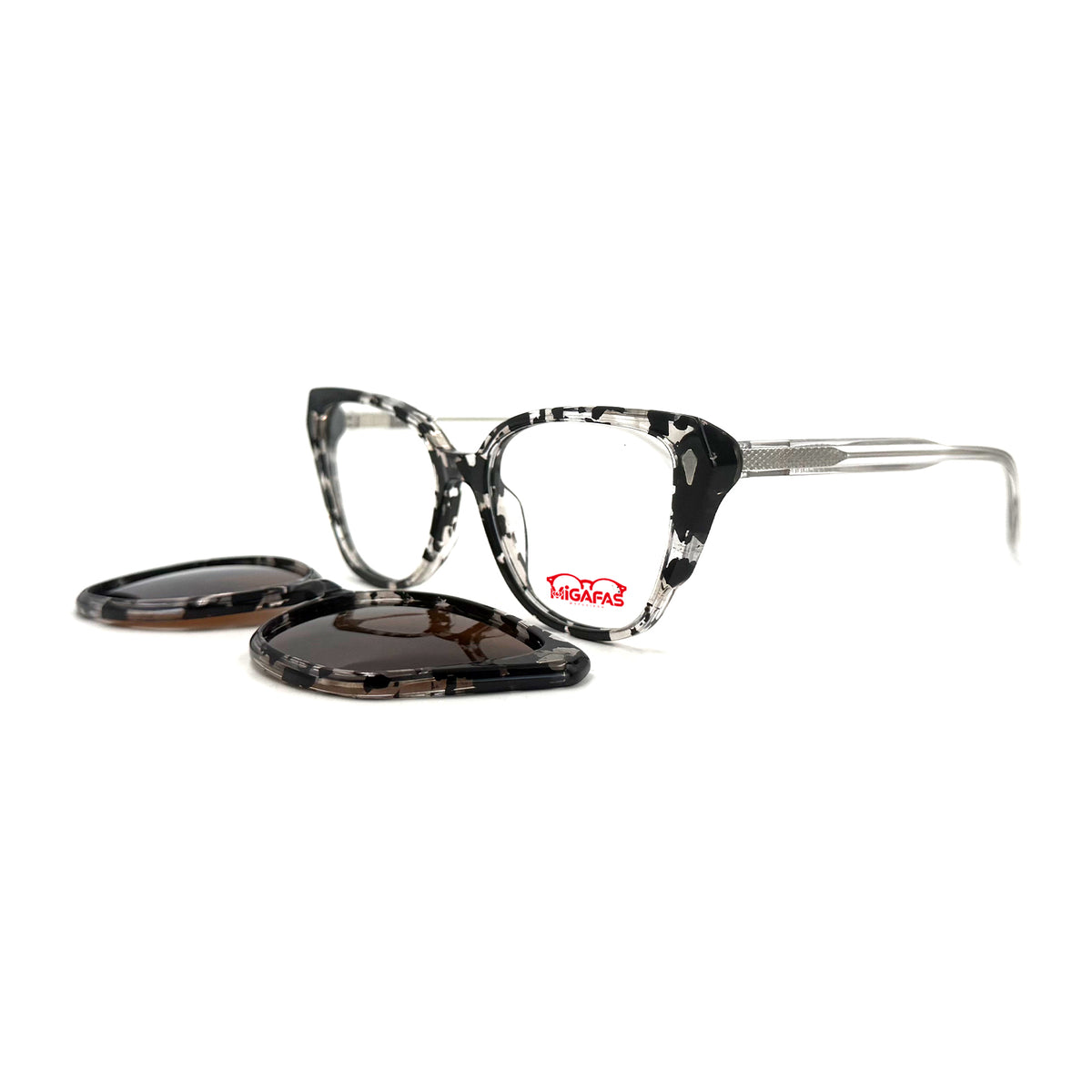 MiGAFAS F6816C Transparent Havana acetate cat-eye clip-on eyeglasses with detached sun clips