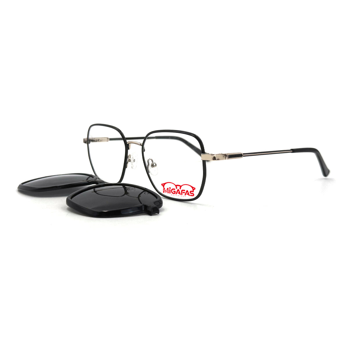 MiGAFAS XK4769C Black TR90 and metal square clip-on eyeglasses with detached sun clips