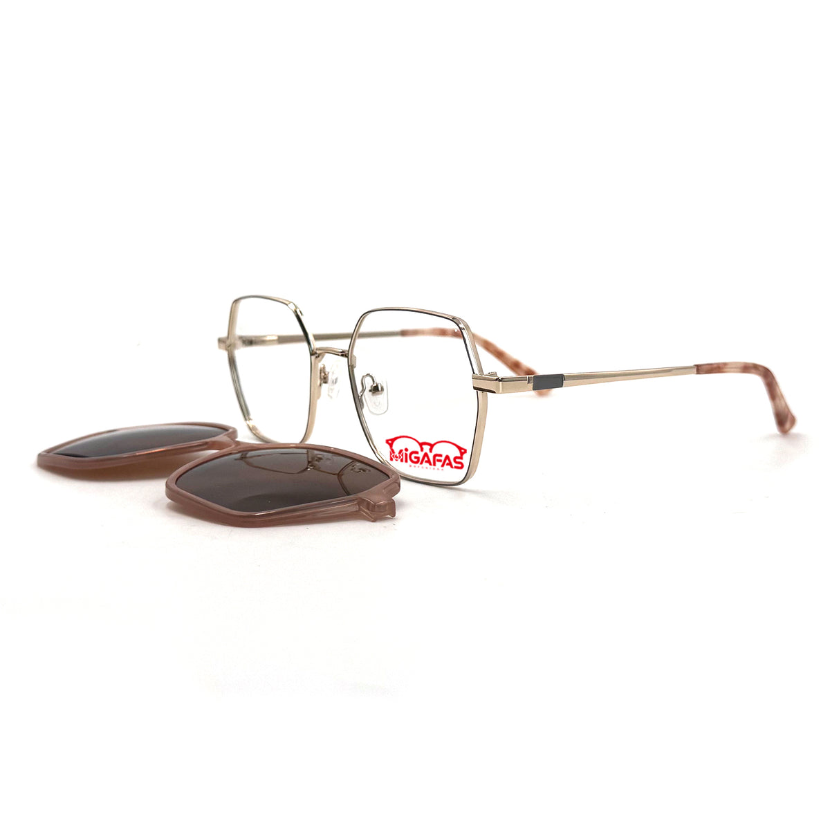 MiGAFAS XK4716C Rose Gold metal geometric rectangle clip-on eyeglasses with detached sun clips