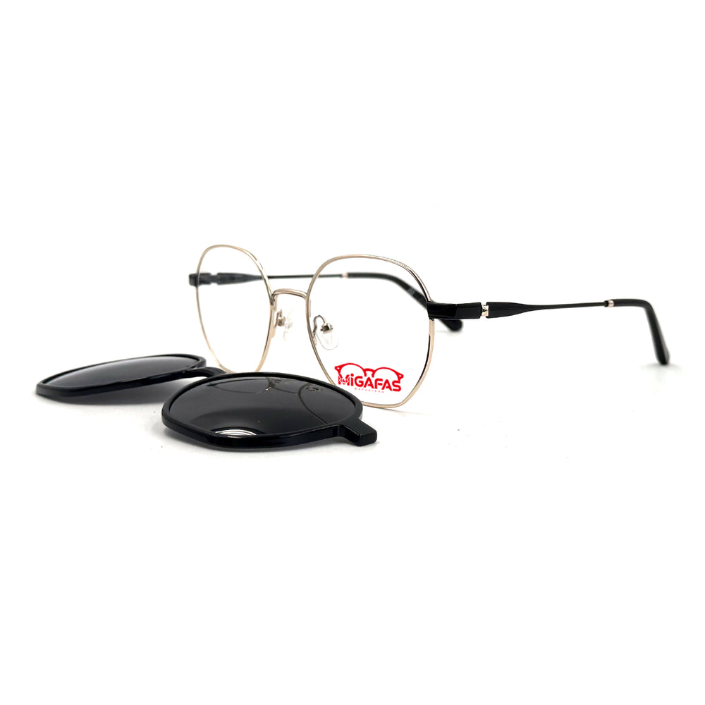 MiGAFAS XK4766C Black TR90 geometric round clip-on eyeglasses with detached sun clips