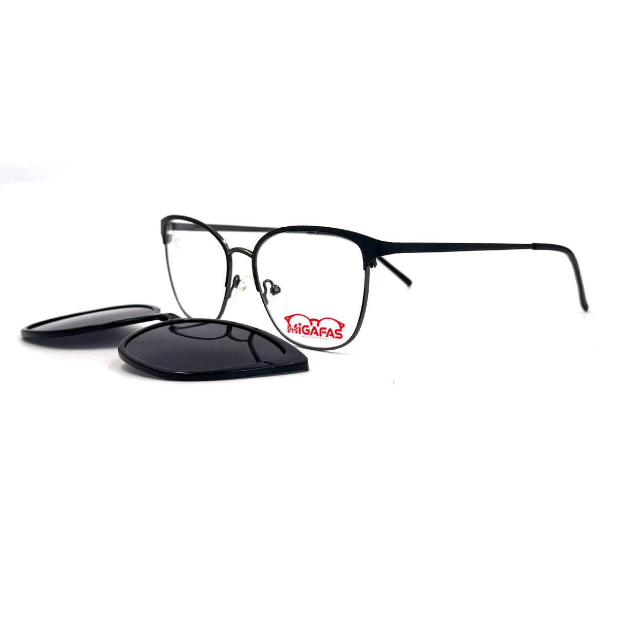 MiGAFAS K4136C Black browline stainless steel sunglasses, three-quarter view
