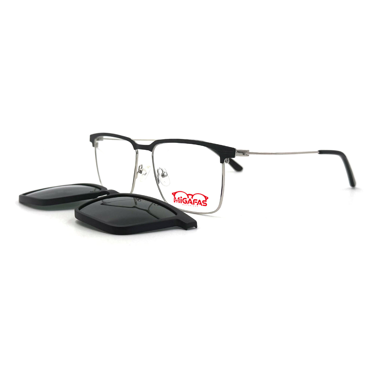 MiGAFAS XK4762C Black stainless steel rectangle clip-on eyeglasses with detached sun clips