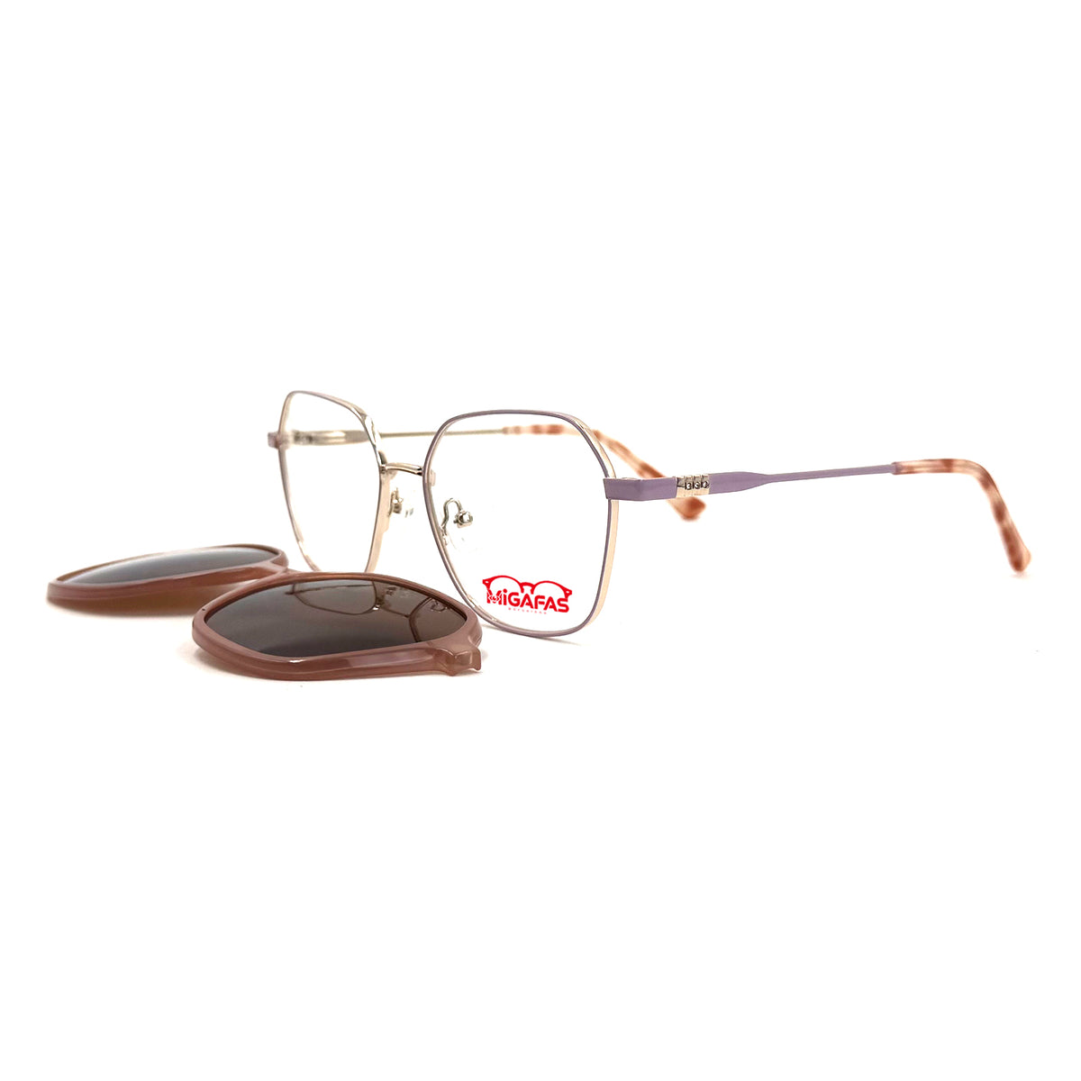MiGAFAS XK4713C Pink metal geometric butterfly clip-on eyeglasses with detached sun clips